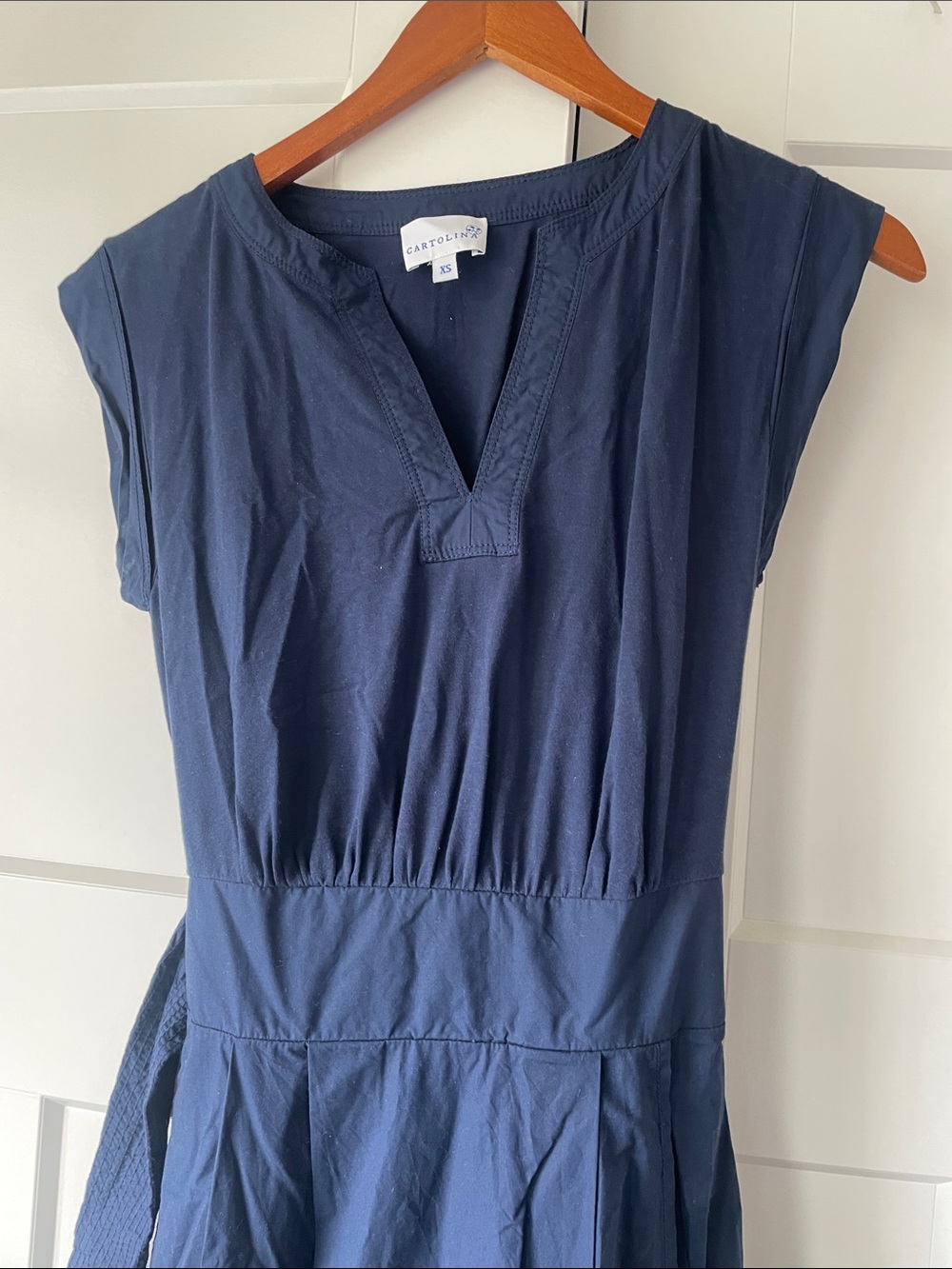 Sleeveless Navy Maxi Dress with Waist Tie and Eyelet Hem - Picture 6 of 8